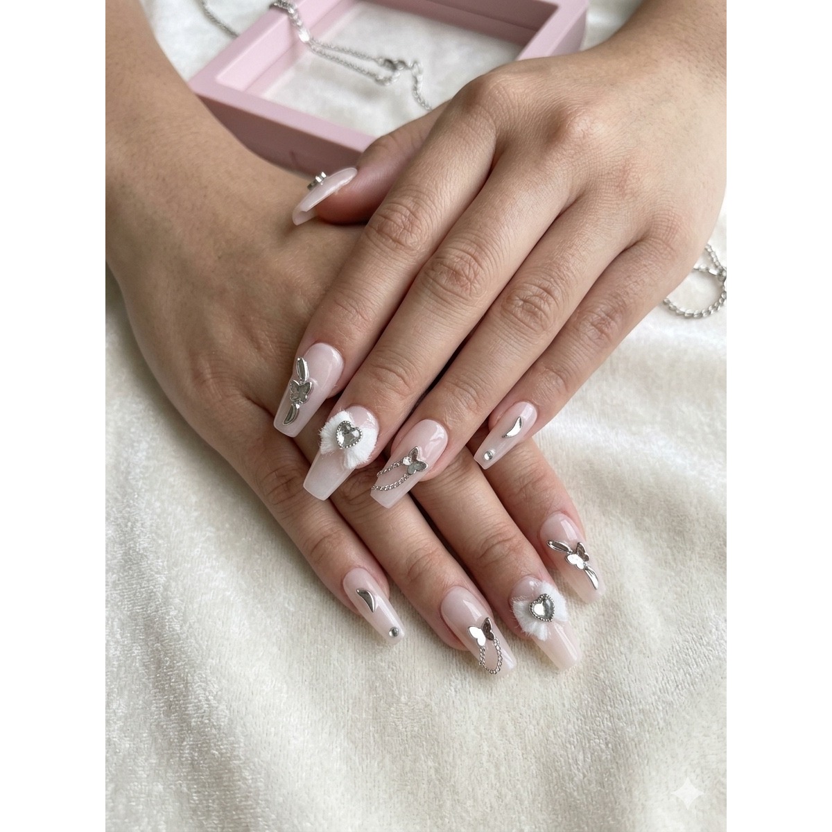 Handmade Presson Nails Pink Heart Silver Accents Small